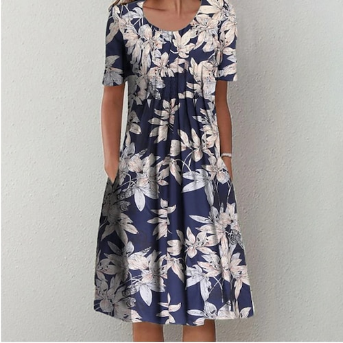 

Damen Casual kleid Blumenkleid Midikleid Königsblau Kurzarm Blumen Gefaltet Sommer Frühling Rundhalsausschnitt Modisch 2023 S M L XL XXL