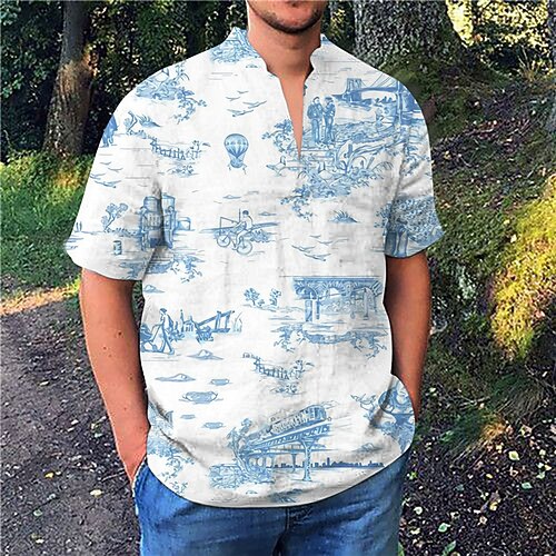 

Men's Shirt Print Scenery Graphic Prints V Neck Street Casual Print Short Sleeve Tops Casual Fashion Designer Breathable Blue