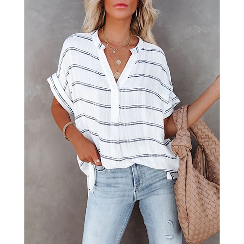 

Women's Casual Daily Holiday Blouse Shirt Striped Plaid Short Sleeve V Neck Basic Elegant Casual Tops Loose Green White Black S