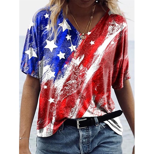 

Women's T shirt Flag Patchwork Print V Neck Basic Tops Rainbow / 3D Print