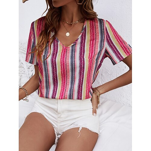 

Women's Casual Weekend Painting T shirt Tee Striped Short Sleeve Print V Neck Basic Tops Red S / 3D Print