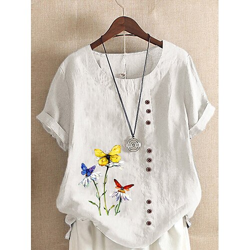 

Women's Shirt White Yellow Light Green Floral Butterfly Print Short Sleeve Daily Holiday Round Neck Regular S