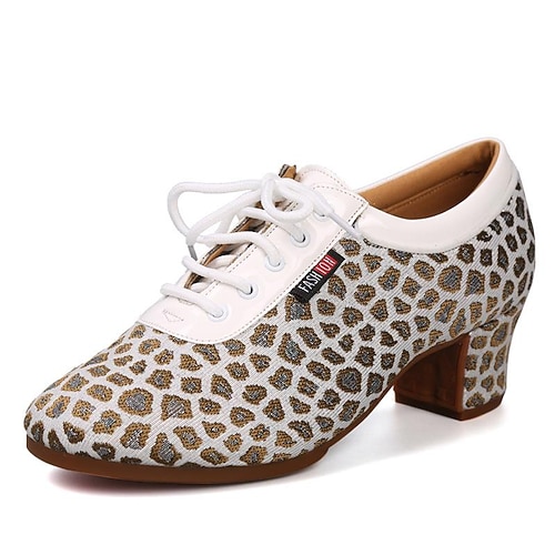 

Women's Latin Shoes Practice Trainning Leopard Print Dance Shoes Outdoor Simple Thick Heel Lace-up Black Gold