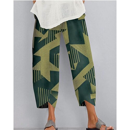 

Women's Chinos Pants Trousers Faux Linen Green Wine Mid Waist Casual / Sporty Athleisure Casual Weekend Print Micro-elastic Ankle-Length Comfort Geometric S M L XL XXL / Loose Fit