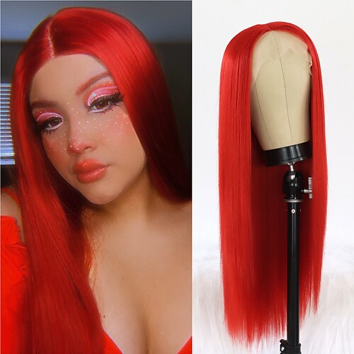 

Hot Red Synthetic Lace Front Wig with Deep Middle Part Long Straight Synthetic Wigs for Women Daily Use Cosplay