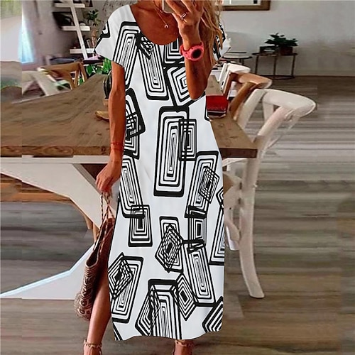 

Women's Casual Dress Shift Dress Yellow Red White Short Sleeve Geometric Split Spring Summer V Neck Loose Fit 2022 S M L XL XXL 3XL