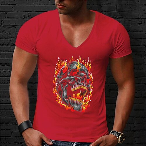 

Men's Unisex T shirt Tee Hot Stamping Skull Flame V Neck Street Casual Print Short Sleeve Tops Simple Basic Casual Designer White Black Light gray