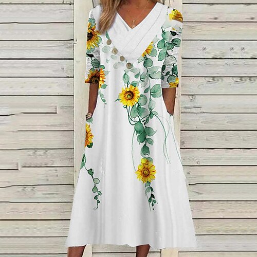 

Mujer Vestido Midi Blanco Manga 3/4 Floral Bolsillo Otoño Primavera Escote en Pico Holgado 2022 S M L XL XXL 3XL