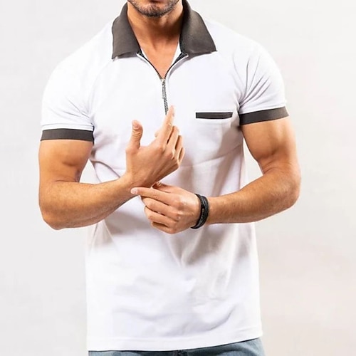 

Men's Shirt Patchwork Turndown Street Casual Zipper Short Sleeve Tops Casual Fashion Breathable Comfortable White