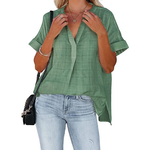 

Women's Plaid Daily Weekend Blouse Shirt Short Sleeve V Neck Casual Streetwear Tops Green White Black S