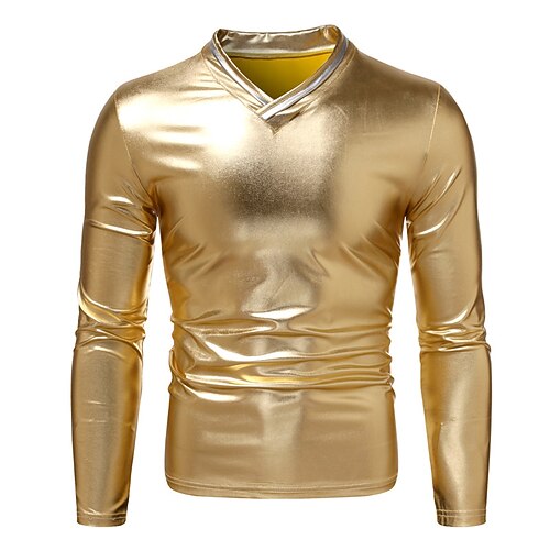 

Men's T shirt Solid Color V Neck Street Casual Long Sleeve Tops Basic Fashion Classic Comfortable Silver Gold