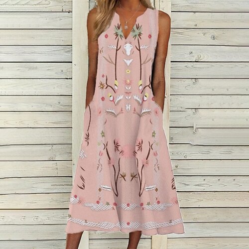 

Women's Midi Dress Pink Sleeveless Floral Print Spring Summer V Neck Loose Fit 2022 S M L XL XXL