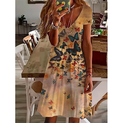 

Mulheres Vestido casual Vestido de turno Amarelo Manga Curta Animal Fenda Primavera Verão Decote V 2022 S M L XL XXL 3XL