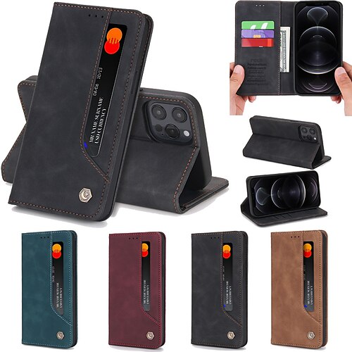 

Phone Case For Apple Wallet Card iPhone 13 Pro Max 12 11 SE 2022 X XR XS Max 8 7 with Stand Card Holder Slots Magnetic Flip Solid Colored PU Leather