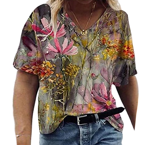 

Women's T shirt Tee Yellow Pink Blue Animal Floral Print Short Sleeve Daily Vacation Streetwear V Neck Regular Plus Size L