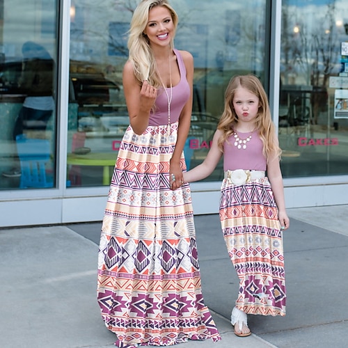 

Mamãe e eu Vestidos Gráfico Floral Bloco de cor Rua Imprimir Preto Rosa Azul Céu Sem Manga Longo Roupas Mamãe e Eu Ativo Roupas Combinando