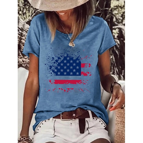 

Women's T shirt American Flag Print Round Neck Basic Tops Green White Black