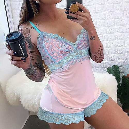 

Women's Pajamas Sets Nighty Pjs 2 Pieces Pure Color Simple Comfort Home Bed Polyester V Wire Sleeveless Spring Summer Pink / Lace