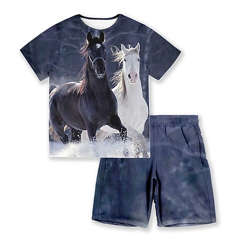 

2 Pieces Kids Boys T-shirt & Shorts Clothing Set Outfit Animal Horse Short Sleeve Crewneck Set Outdoor Sports Fashion Cool Spring Summer 3-13 Years Blue