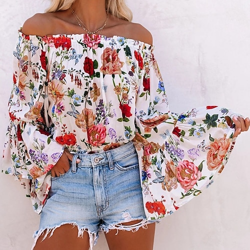 

Women's Blouse Shirt Red Floral Ruffle Off Shoulder Long Sleeve Daily Holiday Streetwear Casual Hawaiian Off Shoulder Regular Floral S / 3D Print / Print