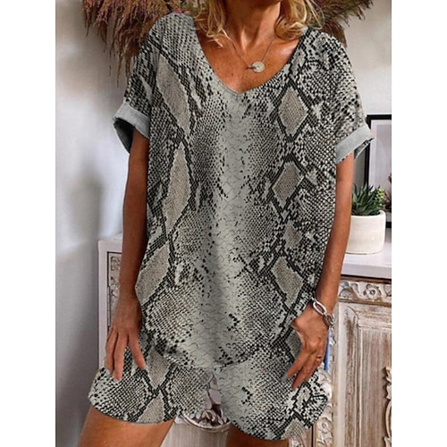 

Women's Loungewear Sets Nighty 2 Pieces Geometic Comfort Sweet Home Daily Polyester V Wire Short Sleeve Spring Summer Gray