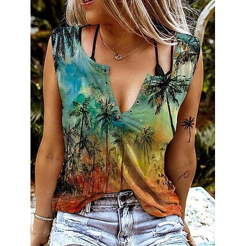 

Women's Daily Holiday Weekend Floral Tank Top Henley Shirt Camis Floral Paisley Sleeveless Button Print V Neck Casual Streetwear Tops Green Blue Yellow S