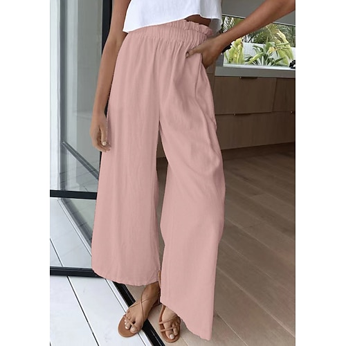 

Women's Culottes Wide Leg Chinos Pants Trousers Linen / Cotton Blend Pink Wine Army Green Mid Waist Fashion Casual Weekend Side Pockets Micro-elastic Full Length Comfort Plain S M L XL XXL