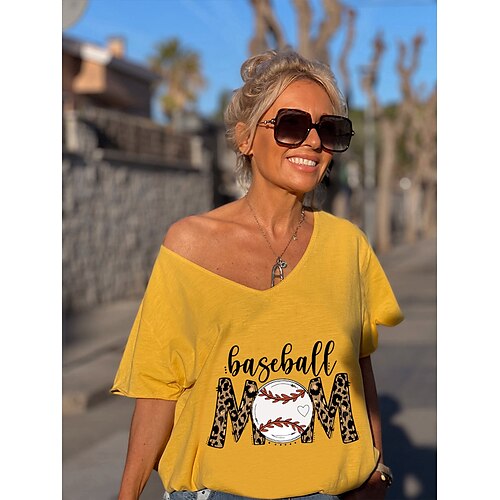 

Women's Casual Weekend Painting T shirt Tee Leopard Text Baseball Short Sleeve Print V Neck Basic Tops Green White Black S