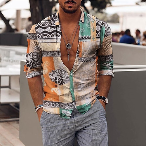 

Men's Shirt Summer Hawaiian Shirt Graphic Shirt Aloha Shirt Tribal Turndown Green Blue Pink Rainbow Print Street Casual Long Sleeve Button-Down Clothing Apparel Fashion Designer Hawaiian Comfortable