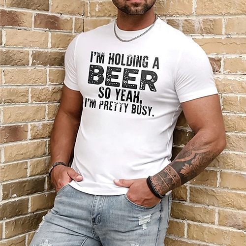 

Men's T shirt Hot Stamping Graphic Beer Letter Crew Neck Street Casual Print Short Sleeve Tops Basic Fashion Classic Comfortable White