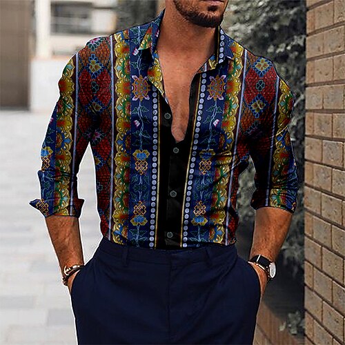 

Men's Shirt 3D Print Tribal Turndown Street Casual 3D Button-Down Long Sleeve Tops Casual Fashion Breathable Comfortable Rainbow