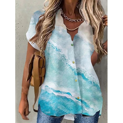 

Women's Blouse Shirt Light Blue Graphic Button Print Sleeveless Daily Weekend Streetwear Casual V Neck Regular S / 3D Print