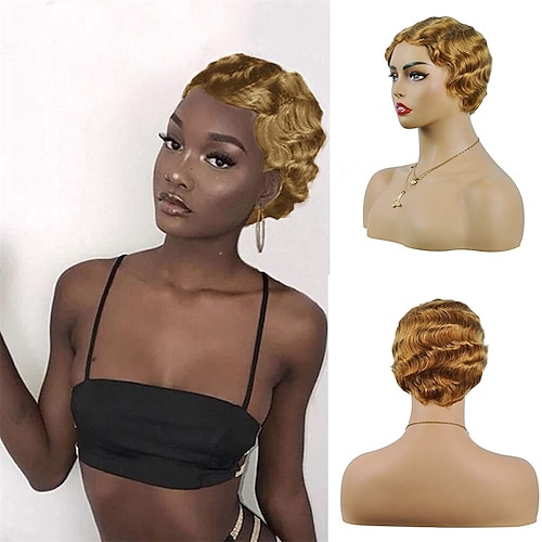 YOLANFAIRY Short Pixie Cut Wigs For Black Women Mommy Brazilian Finger  Ocean Wave Remy Human Hair Cheap Wig For Party（Black 1B#）