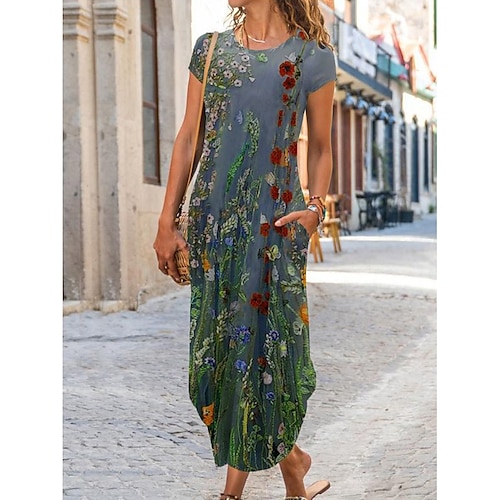 

kvinders lange kjole maxi kjole kortærmet blomsterprint forår sommer rund hals klassisk 2023 s m l xl xxl 3xl