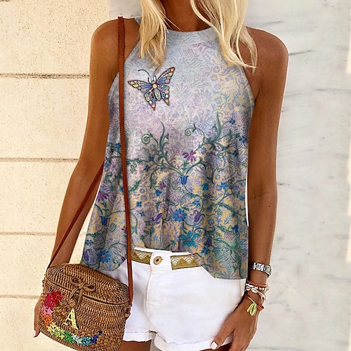

Women's Floral Theme Butterfly Tank Top Vest Floral Butterfly Print Round Neck Casual Streetwear Tops Blue / 3D Print