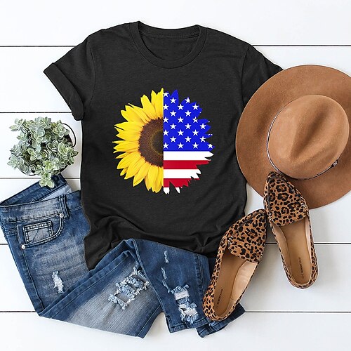 

Women's Casual Weekend Independence Day Painting T shirt Tee Sunflower American Flag Short Sleeve Print Round Neck Basic Tops White Black Purple S