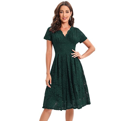 

A-Line Elegant Vintage Party Wear Cocktail Party Dress V Neck Short Sleeve Knee Length Lace with Lace Insert Pure Color 2022