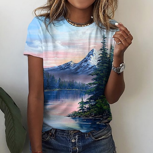 

Damen T Shirt Blau Graphic 3D Bedruckt Kurzarm Casual Festtage Basic Hawaiianisch Urlaub Rundhalsausschnitt Standard Blume Farbe S