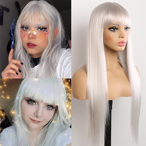 

Platinum Blonde Wigs with Bangs Long Wigs Silk Straight Wigs Synthetic White Wigs Heat Resistant Fiber Hair Daily Cosplay Knot Free Full Machine Wigs Black Women's Wigs