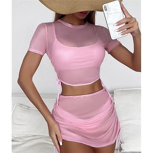 

Women's Swimwear Bikini Four Piece Normal Swimsuit Open Back Mesh Pure Color Rosy Pink Crop Top Scoop Neck Bathing Suits Sexy Vacation Fashion / Modern / New