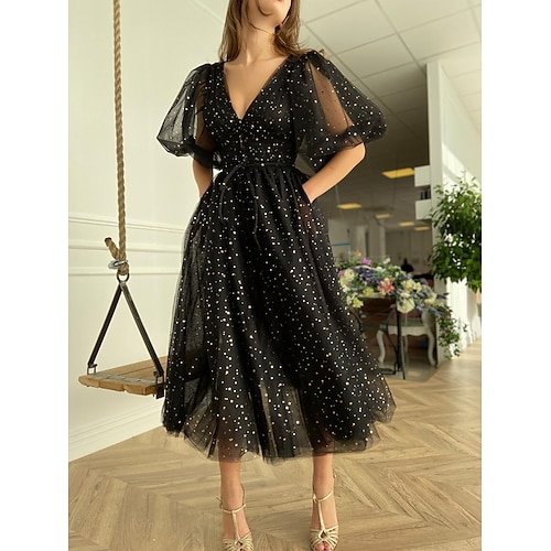 

A-Line Little Black Dress Sparkle & Shine Party Wear Cocktail Party Dress V Neck Half Sleeve Tea Length Tulle with Sequin Strappy 2022