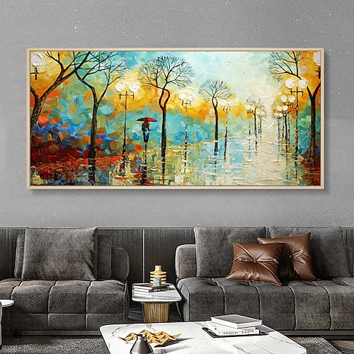 

Handmade Oil Painting Canvas Wall Art Decoration Abstract Landscape Painting Colorful Couple Woods Sidewalk for Home Decor Rolled Frameless Unstretched Painting