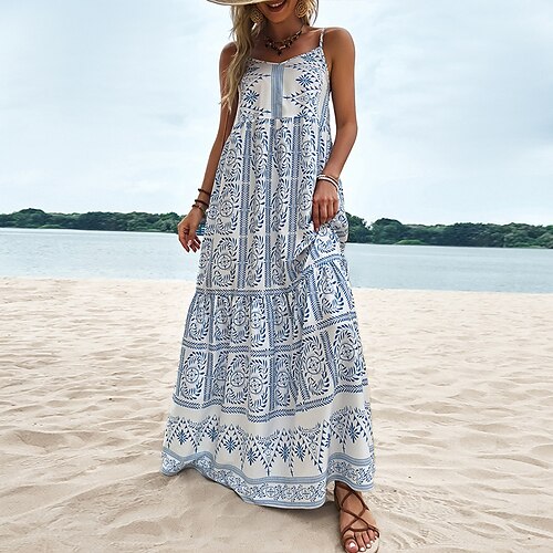 

Women's Swing Dress Long Dress Maxi Dress Blue Sleeveless Floral Backless Spring Summer Spaghetti Strap Weekend 2022 S M L XL