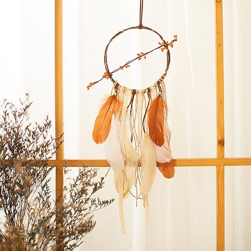 

Dream Catcher Wooden Ring Handmade Gift with Orange Feather Wall Hanging Decor Wind Chimes Pastoral Style Home Pendant 1555cm