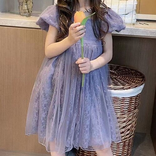 

Kids Little Girls' Dress Solid Colored A Line Dress Party Performance Mesh Purple Asymmetrical Short Sleeve Princess Sweet Dresses Summer Regular Fit 4-13 Years