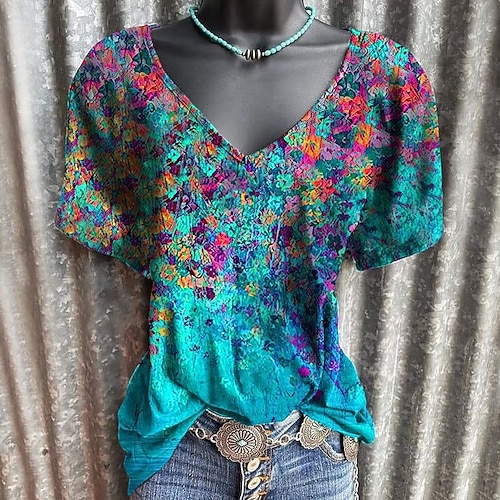 

Women's Floral Flower Casual Daily Floral T shirt Tee Short Sleeve Print V Neck Basic Essential Tops Blue S / 3D Print