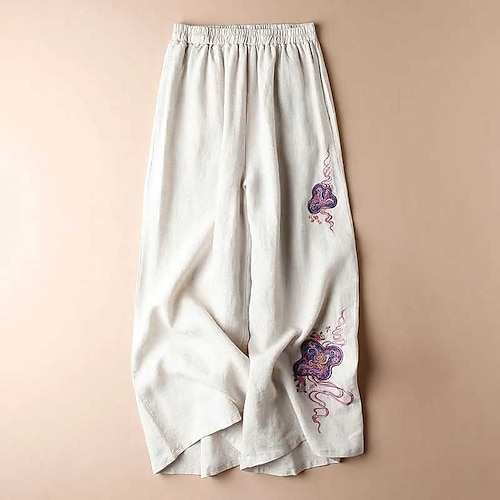 

Women's Plus Size Wide Leg Pants Embroidered Floral Streetwear Chino Casual Daily High Full Length Fall Spring White Blue Purple L XL XXL 3XL / Cotton / Chinos