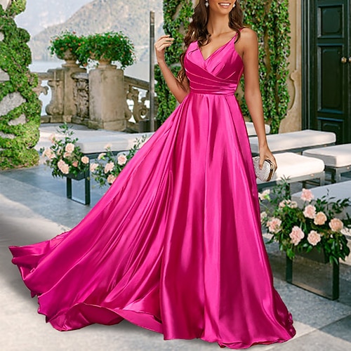 

A-Line Bridesmaid Dress V Neck / Spaghetti Strap Sleeveless Sexy Sweep / Brush Train Charmeuse with Pleats / Solid Color 2022