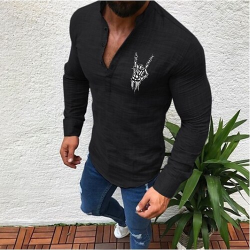 

Men's T shirt Shirt Solid Color Skull Gesture Round Neck Casual Daily Button-Down Print Long Sleeve Tops Casual Fashion Beach White Black Gray