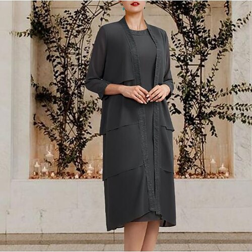 

Two Piece Sheath / Column Mother of the Bride Dress Elegant Jewel Neck Tea Length Chiffon Lace Sleeveless Jacket Dresses with Cascading Ruffles 2022